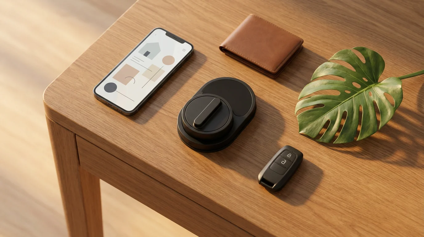 Flat lay of a modern smart lock, smartphone, and wallet on a wooden surface.