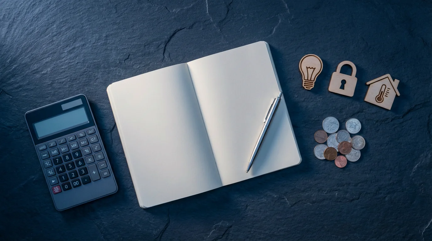 Flat lay of a notebook, calculator, and smart device icons for home planning.