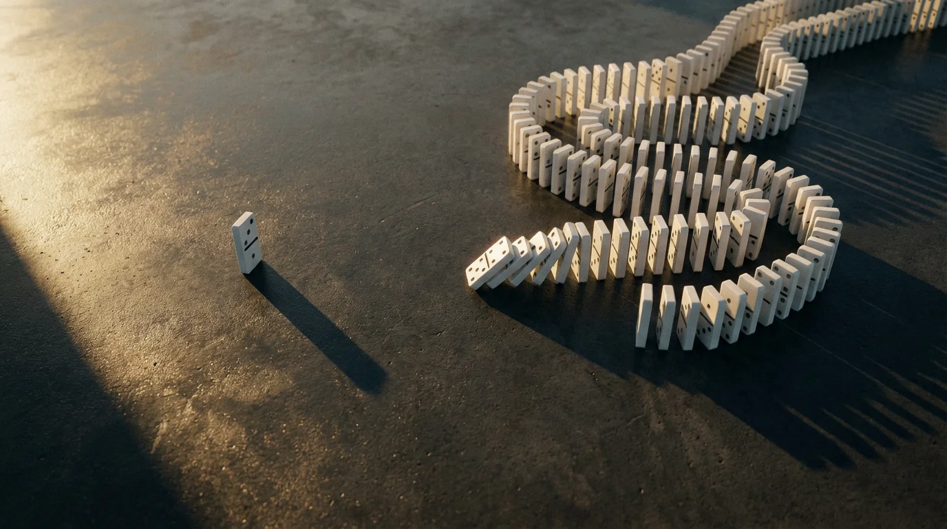 Flat lay of a single domino versus a long, winding chain of dominoes.