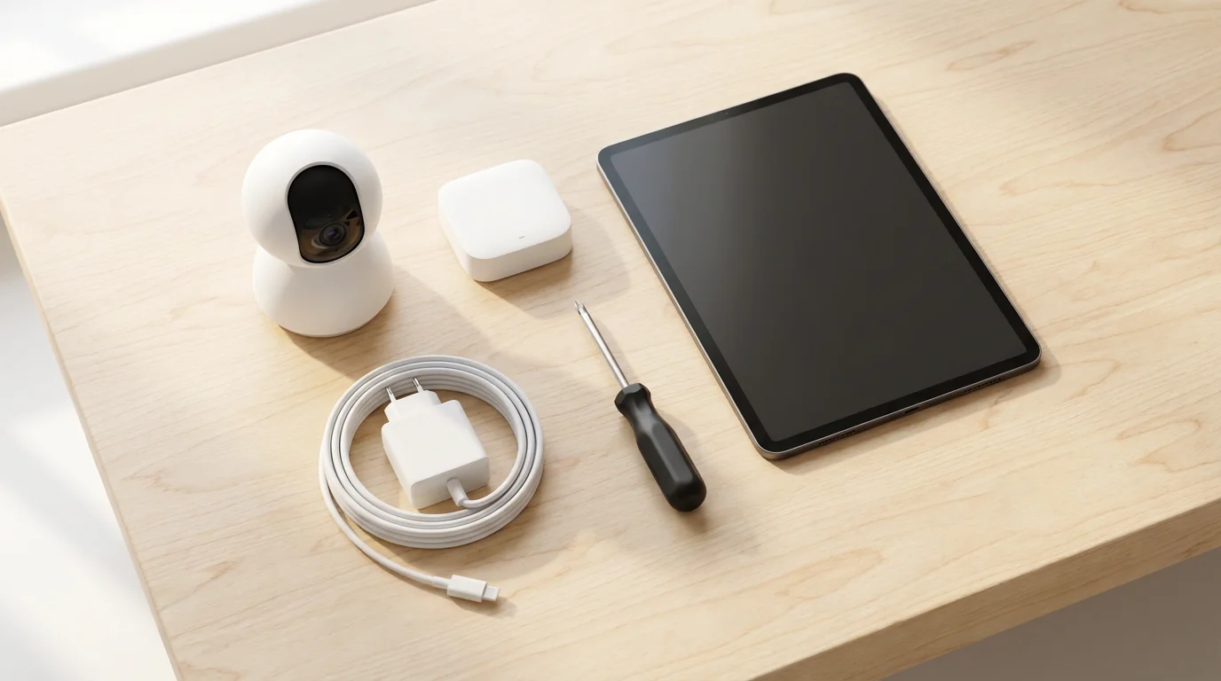 Flat lay of a smart security camera, hub, tablet, and installation tools on a workbench.