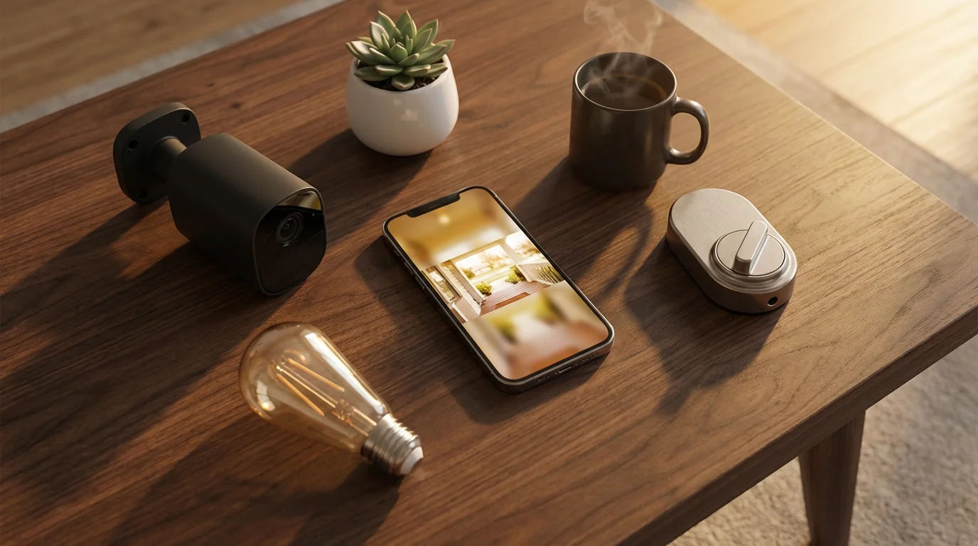 Flat lay of a smart security camera, smart lock, and smartphone on a table.