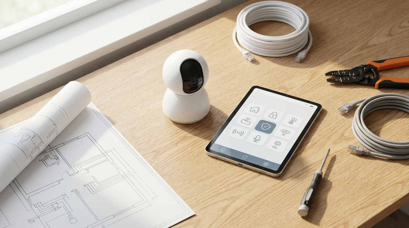 Flat lay of a smart security camera, tablet, blueprint, and installation tools.