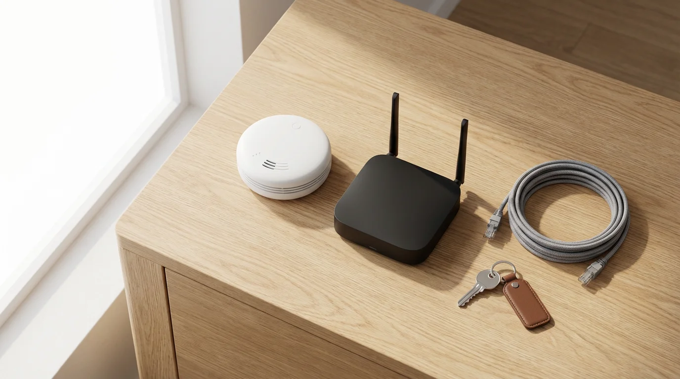 Flat lay of a smart smoke detector, Wi-Fi router, and key symbolizing home security.