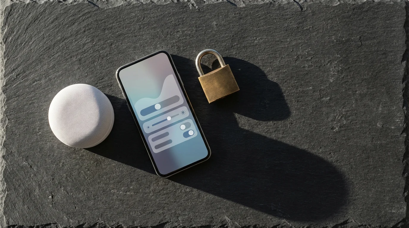 Flat lay of a smart speaker, a phone with privacy settings, and a padlock.