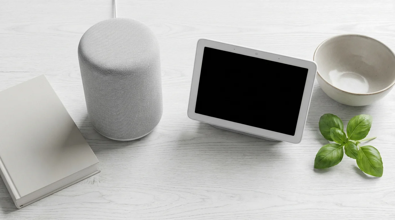 Flat lay of a smart speaker and a smart display on a whitewashed wood surface.