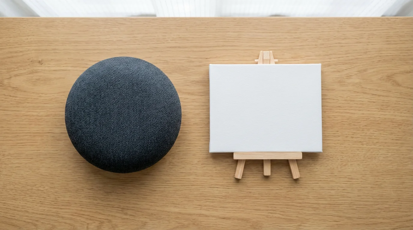 Flat lay of a smart speaker next to a blank white canvas, symbolizing deleted data.