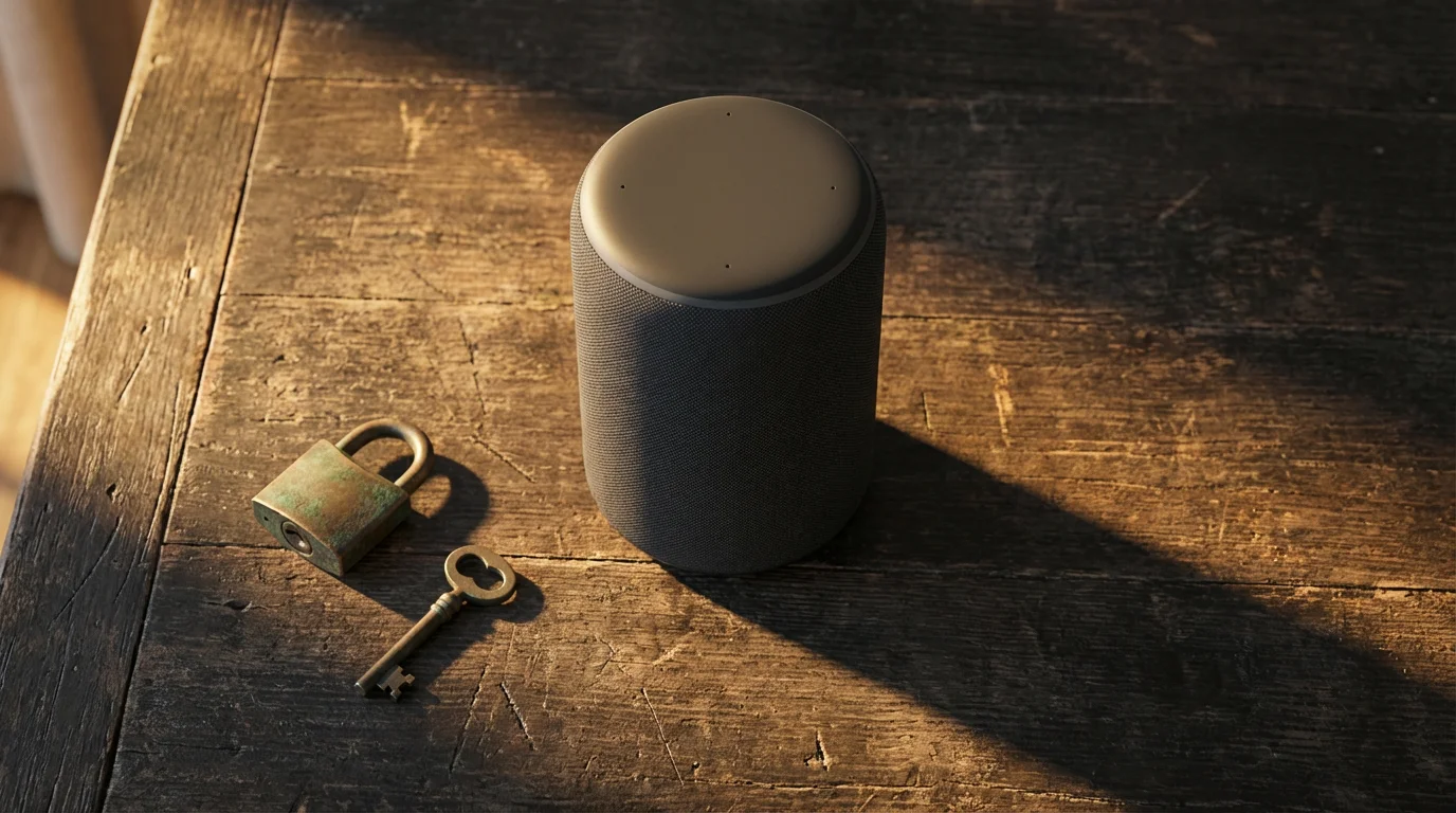 Flat lay of a smart speaker next to a padlock and key, symbolizing data privacy.