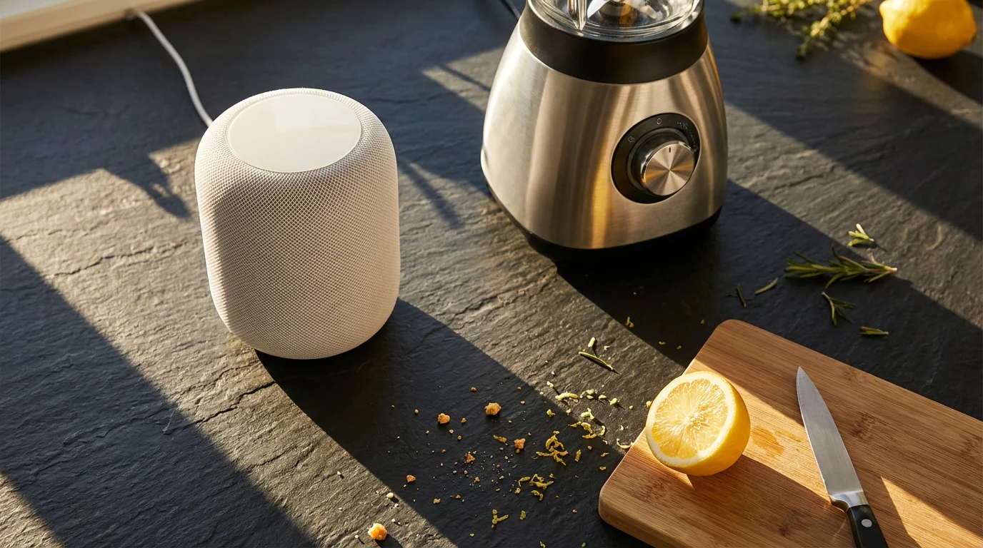 Flat lay of a smart speaker on a kitchen counter next to a noisy blender.