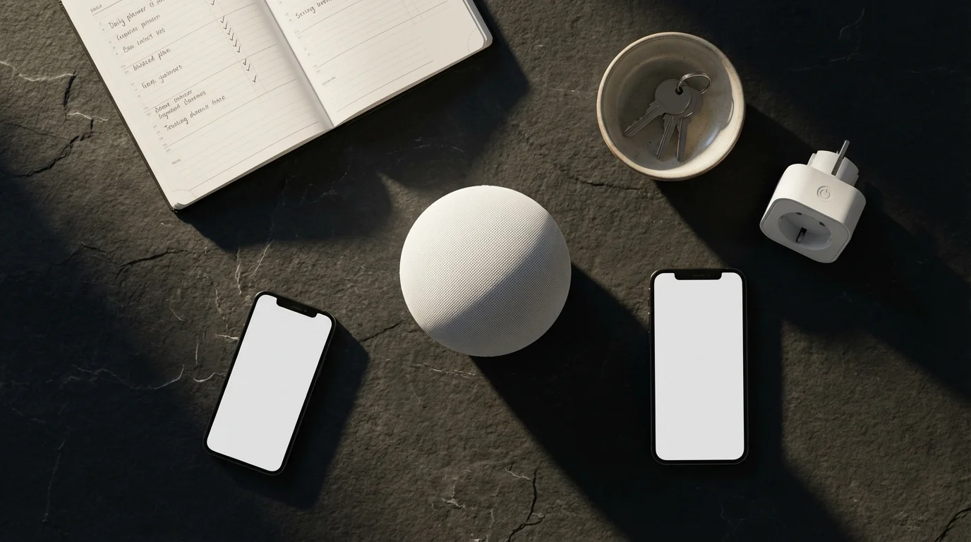 Flat lay of a smart speaker, planner, keys, and smart plugs on a slate table.