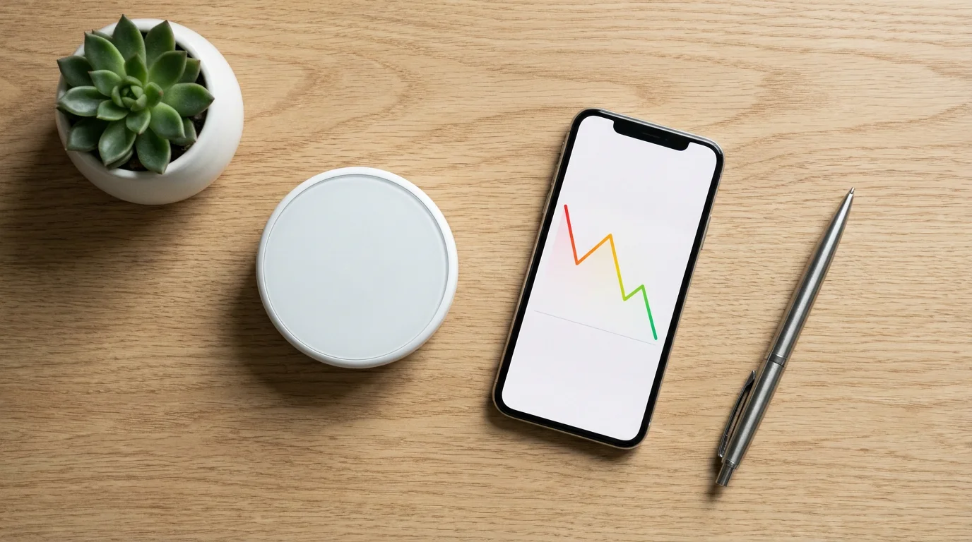 Flat lay of a smart thermostat and a phone showing an energy savings graph.