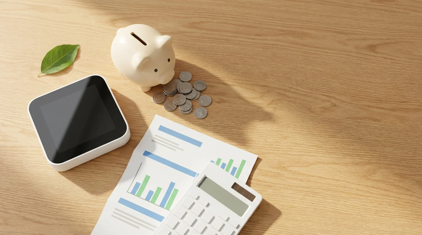 Flat lay of a smart thermostat next to a piggy bank and coins.