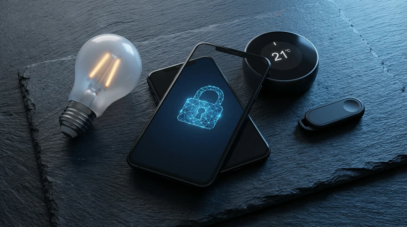 Flat lay of a smartphone and smart home gadgets representing two-factor authentication security.