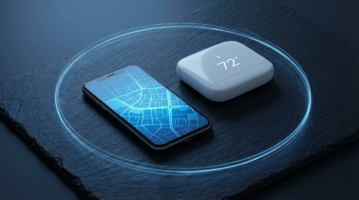 Flat lay of a smartphone and smart thermostat with a blue light circle representing geofencing.