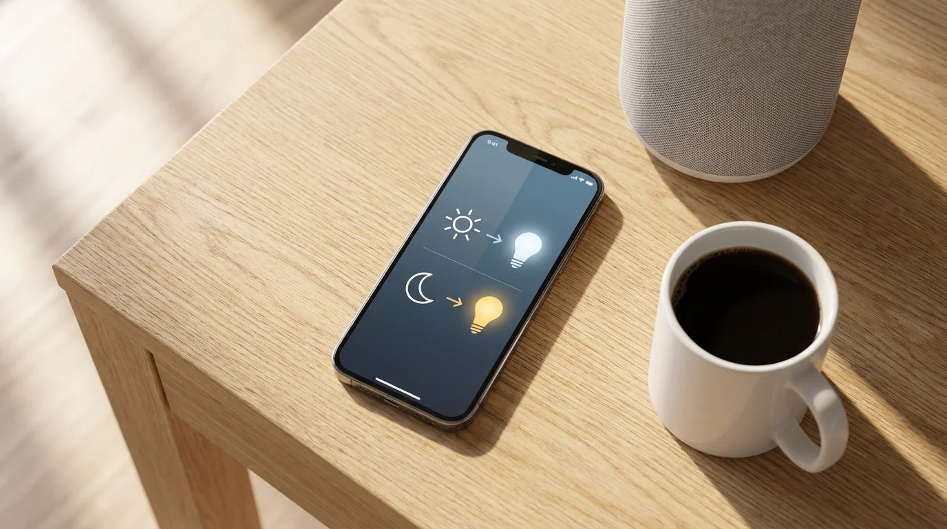 Flat lay of a smartphone displaying lighting automation icons on a wooden office desk.
