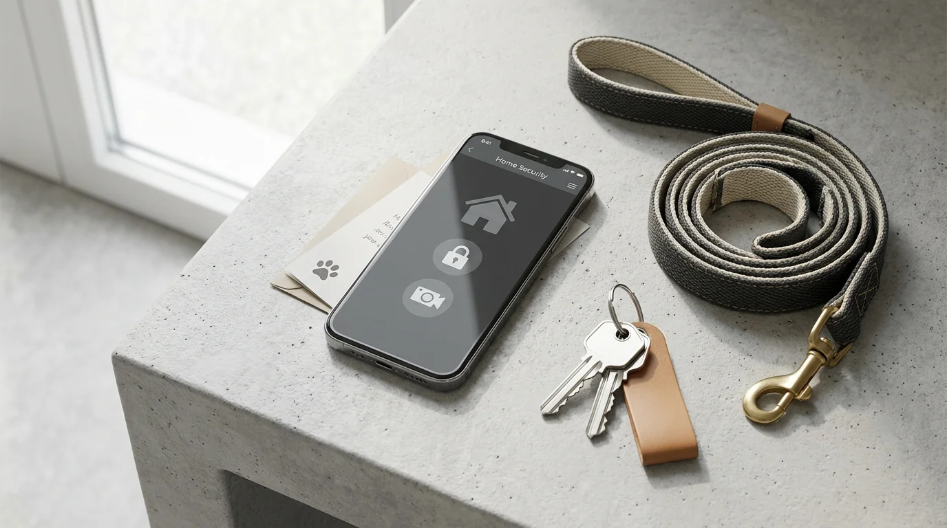Flat lay of a smartphone, keys, and dog leash symbolizing temporary home access.