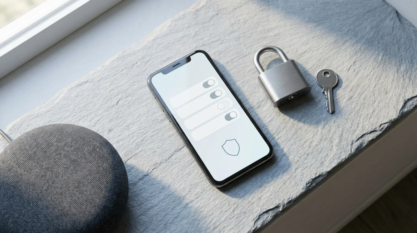 Flat lay of a smartphone, padlock, key, and smart speaker representing smart home security.