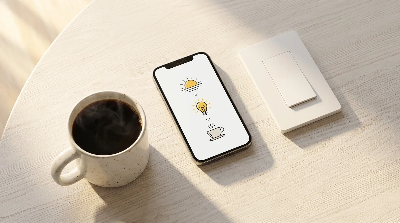 Flat lay of a smartphone showing a home automation app, a smart switch, and coffee.