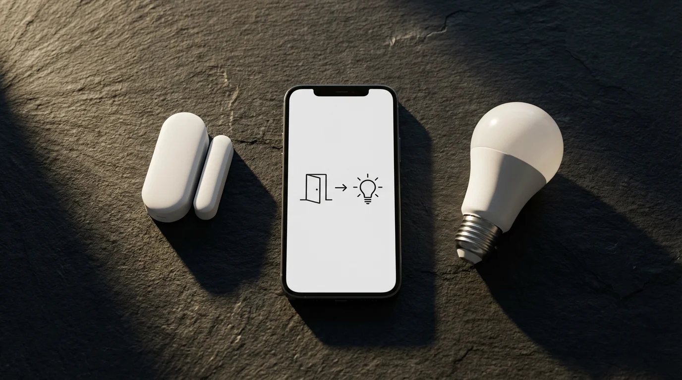Flat lay of a smartphone showing a smart home automation rule with a smart bulb.