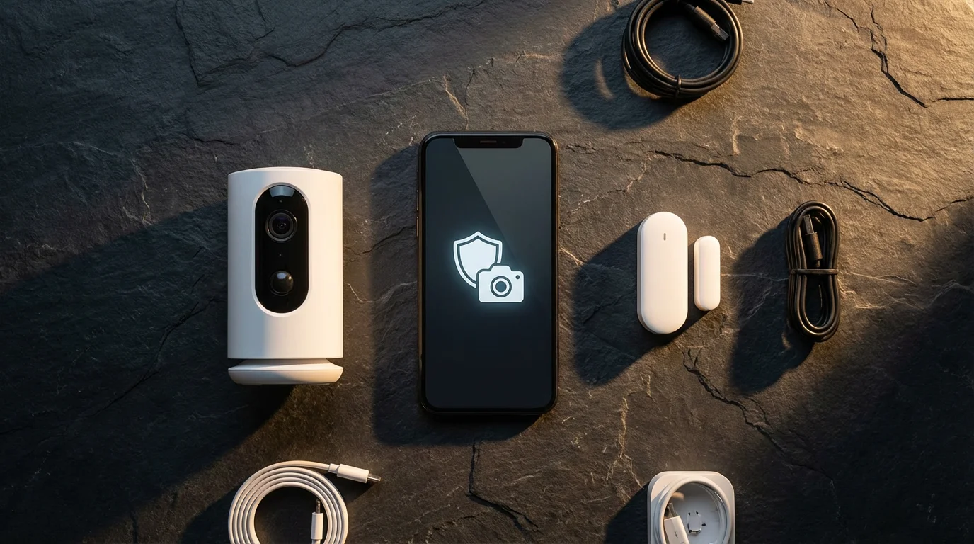 Flat lay of a smartphone, smart camera, and contact sensor on a dark surface.