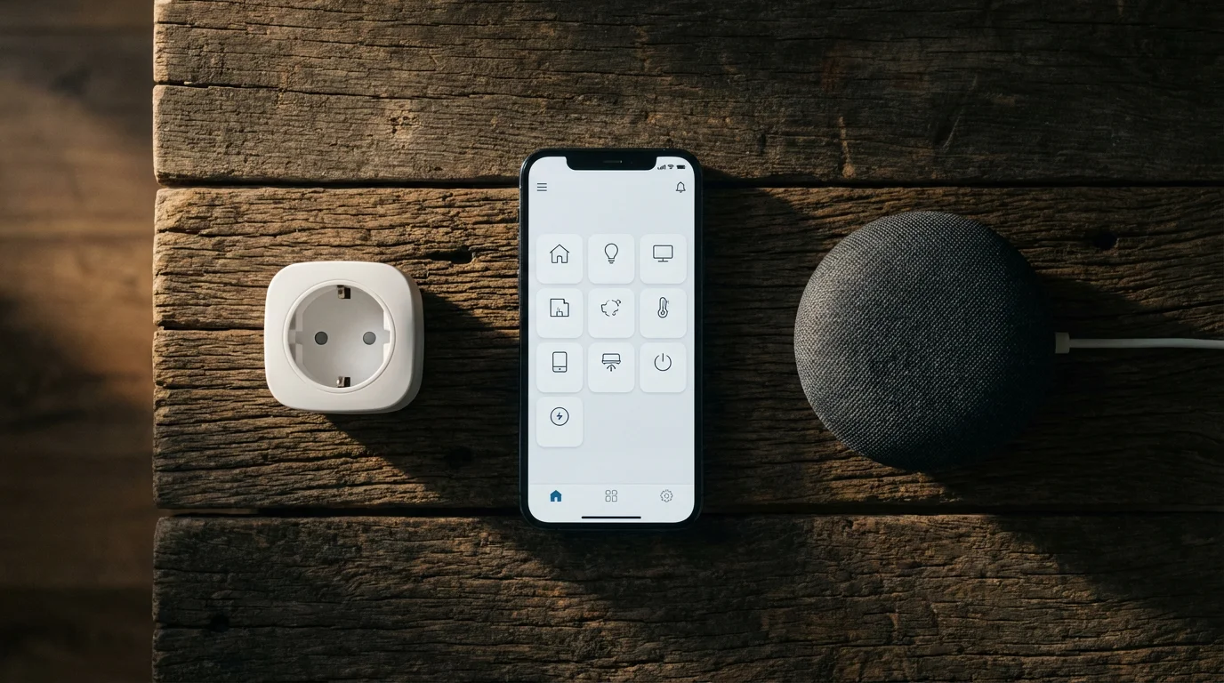 Flat lay of a smartphone, smart speaker, and smart plug for home automation.