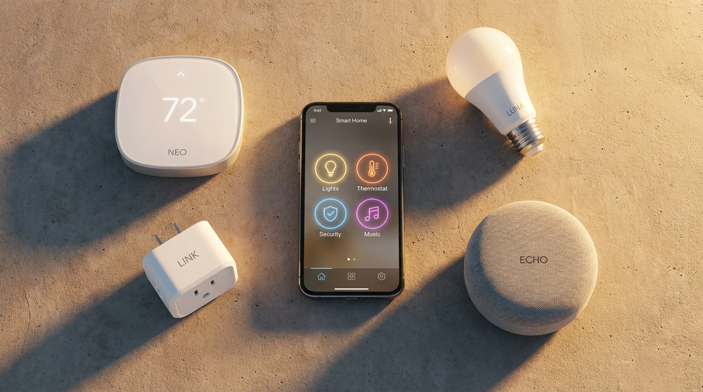 Flat lay of a smartphone surrounded by various smart home devices during golden hour.