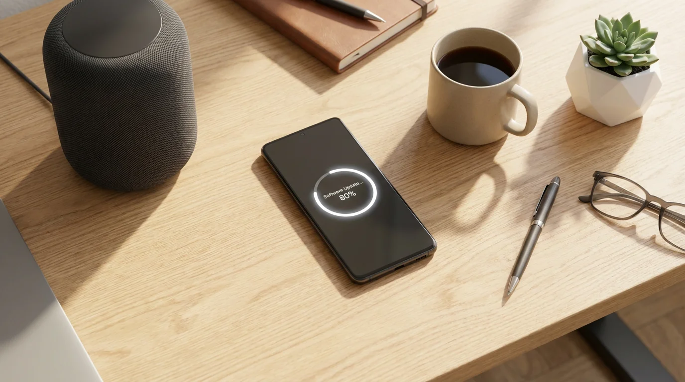 Flat lay of a smartphone updating software next to a smart speaker on a desk.