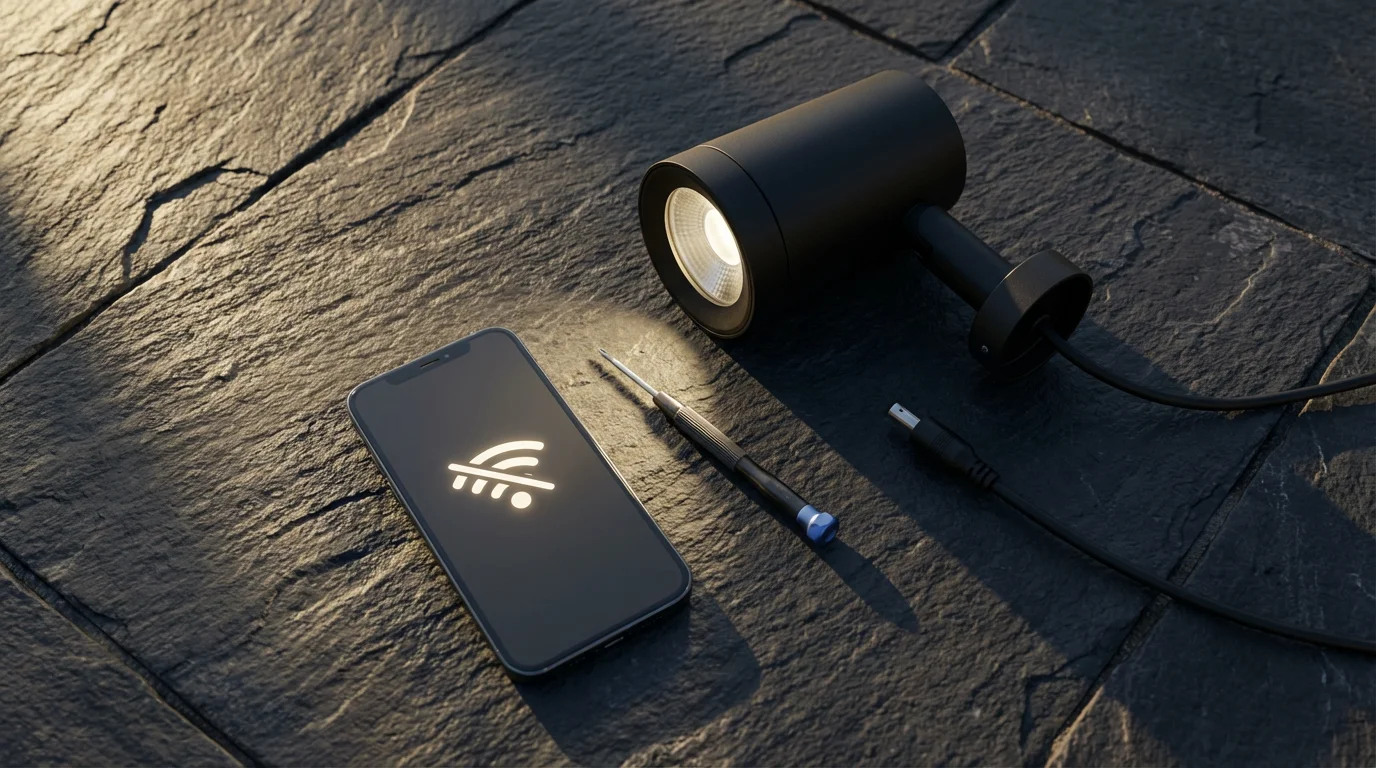 Flat lay of a smartphone with a connection error and tools for troubleshooting smart lights.