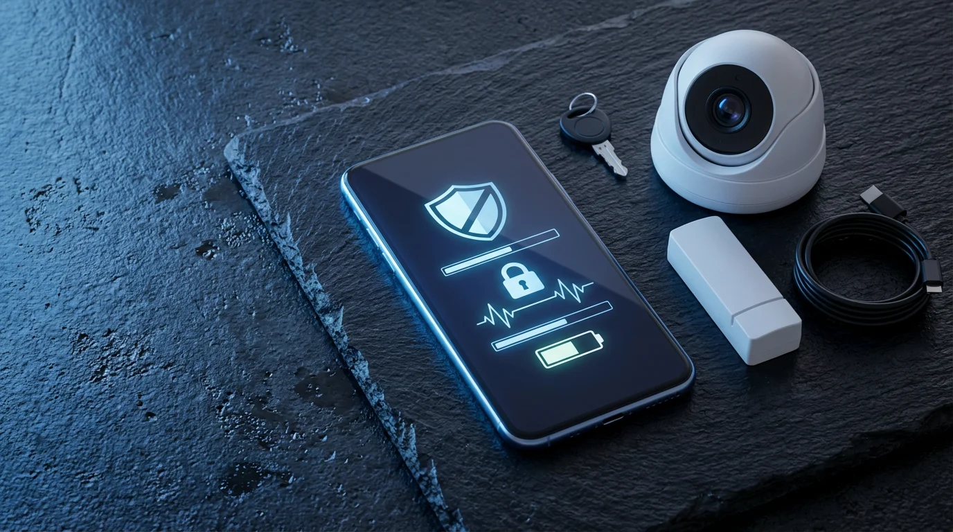 Flat lay of a smartphone with a security app next to a camera and sensor.