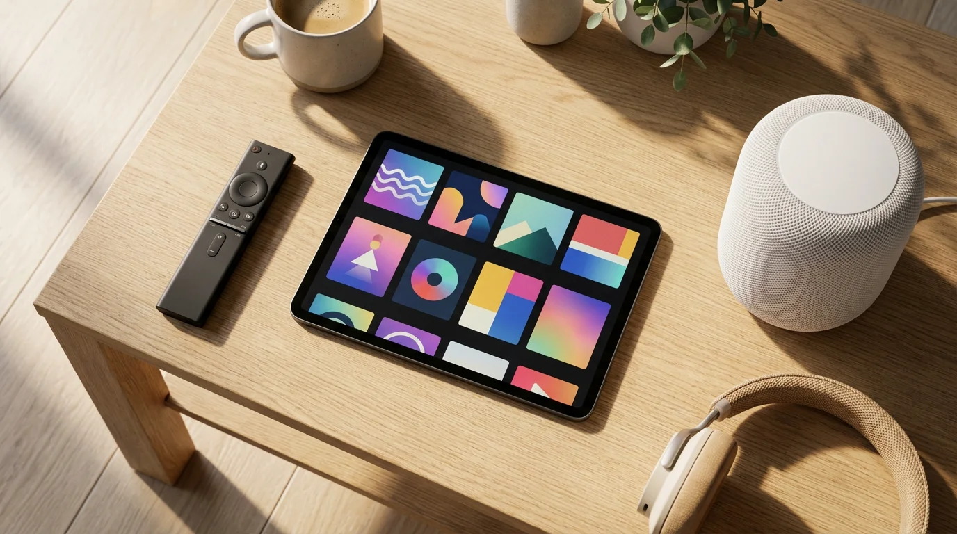 Flat lay of a tablet, smart remote, and Wi-Fi router for guest entertainment.