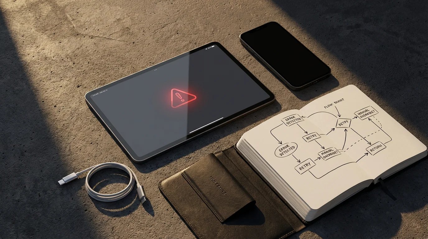 Flat lay of a tablet with a warning icon and a notebook for troubleshooting.