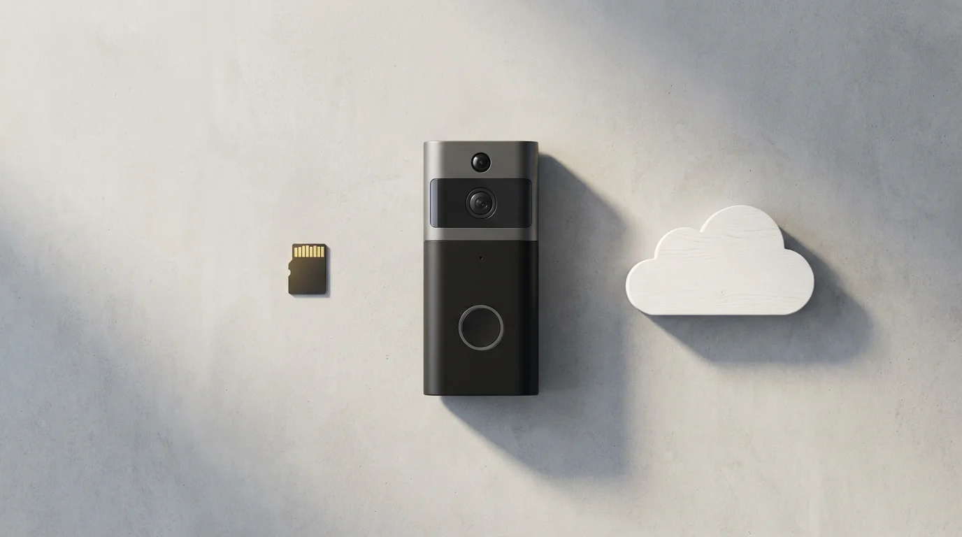Flat lay of a video doorbell positioned between a local storage micro SD card and a cloud symbol.