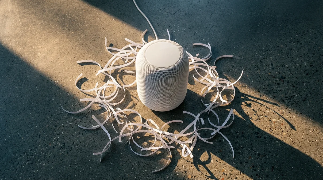 Flat lay of a white smart speaker surrounded by shredded paper on a concrete surface.