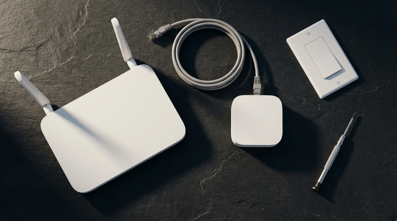 Flat lay of a Wi-Fi router and smart home components on a dark surface.