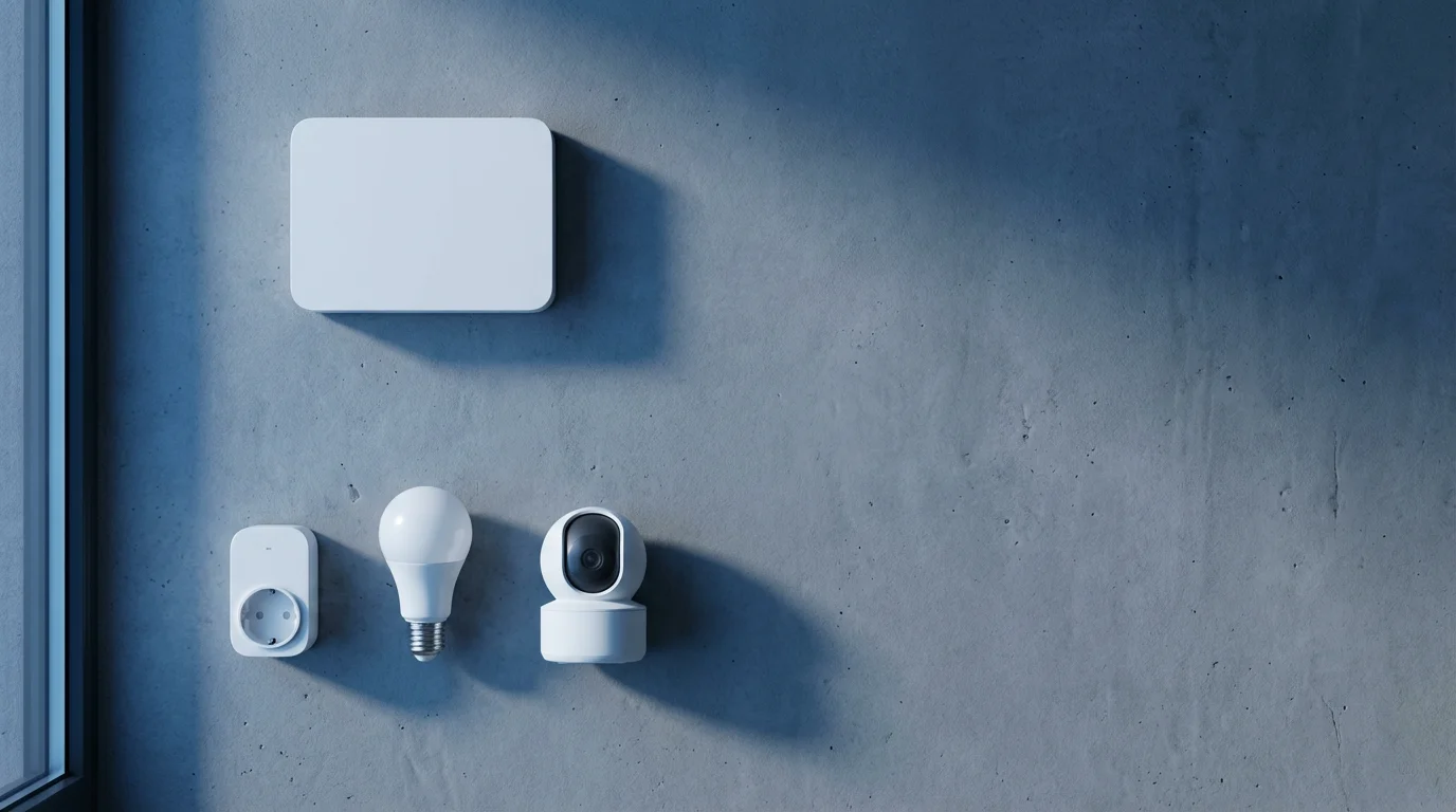 Flat lay of a Wi-Fi router with a smart plug, light bulb, and camera.