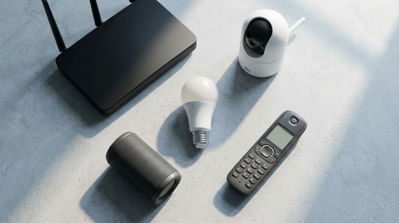 Flat lay of an unlit smart bulb surrounded by devices that cause wireless interference.