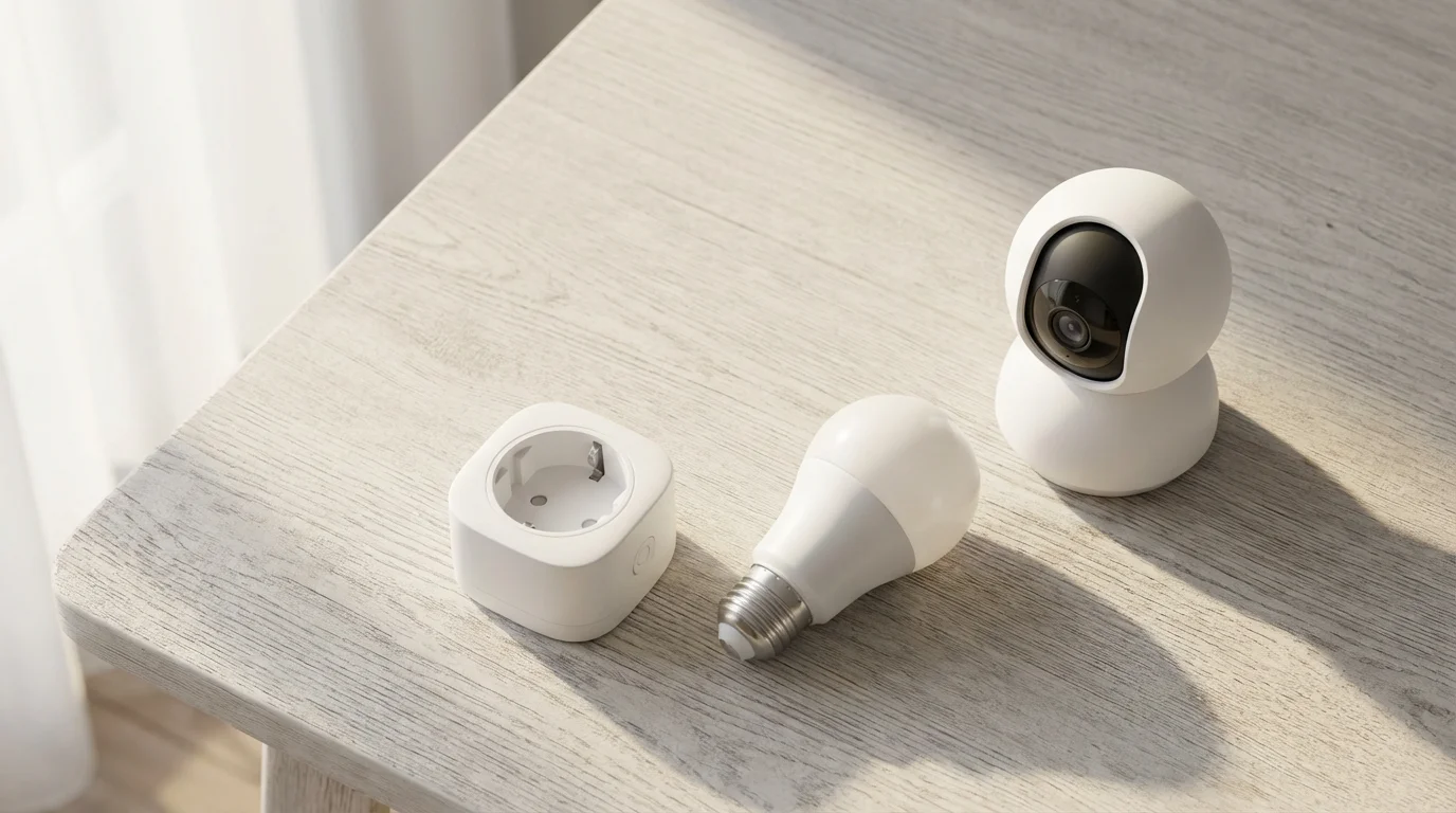 Flat lay of budget-friendly smart home devices: a smart plug, bulb, and camera.