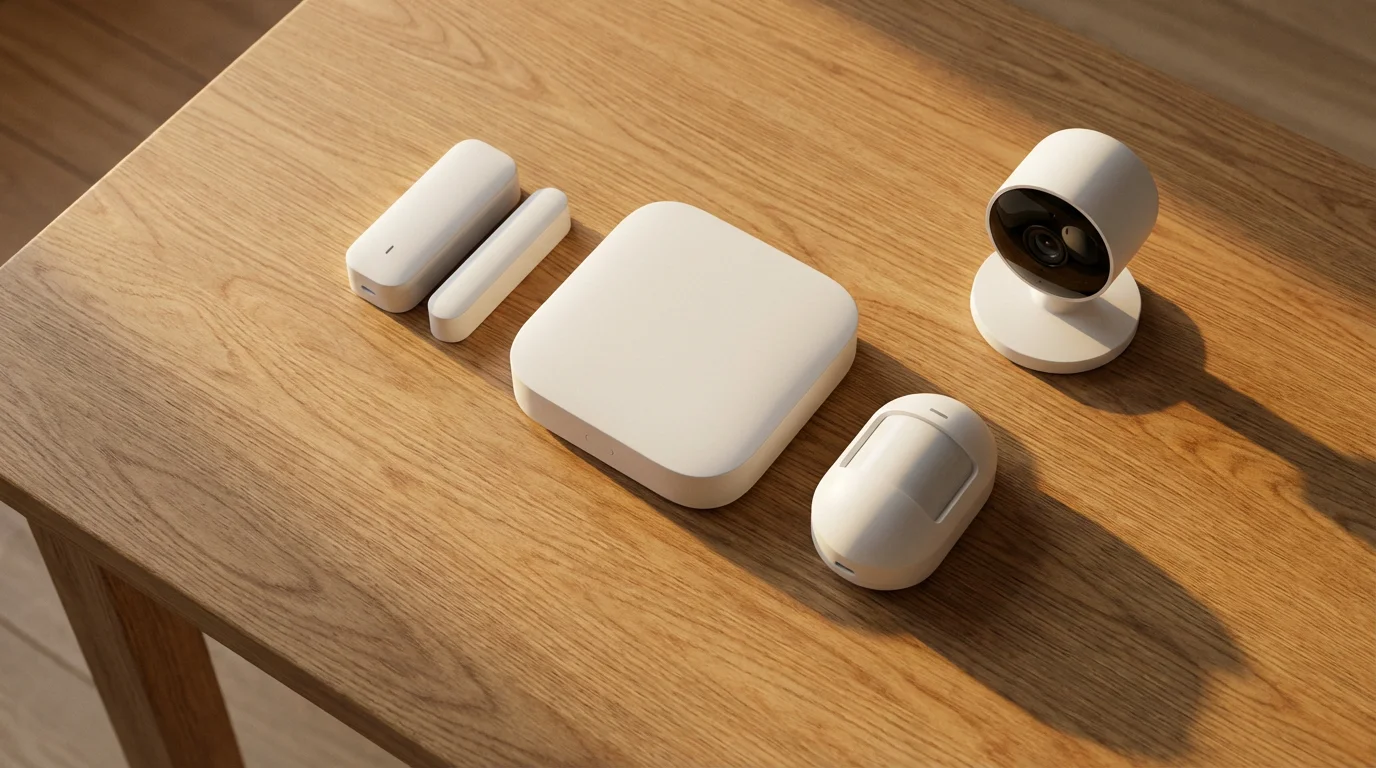 Flat lay of DIY smart home security system components on a wooden table at sunset.