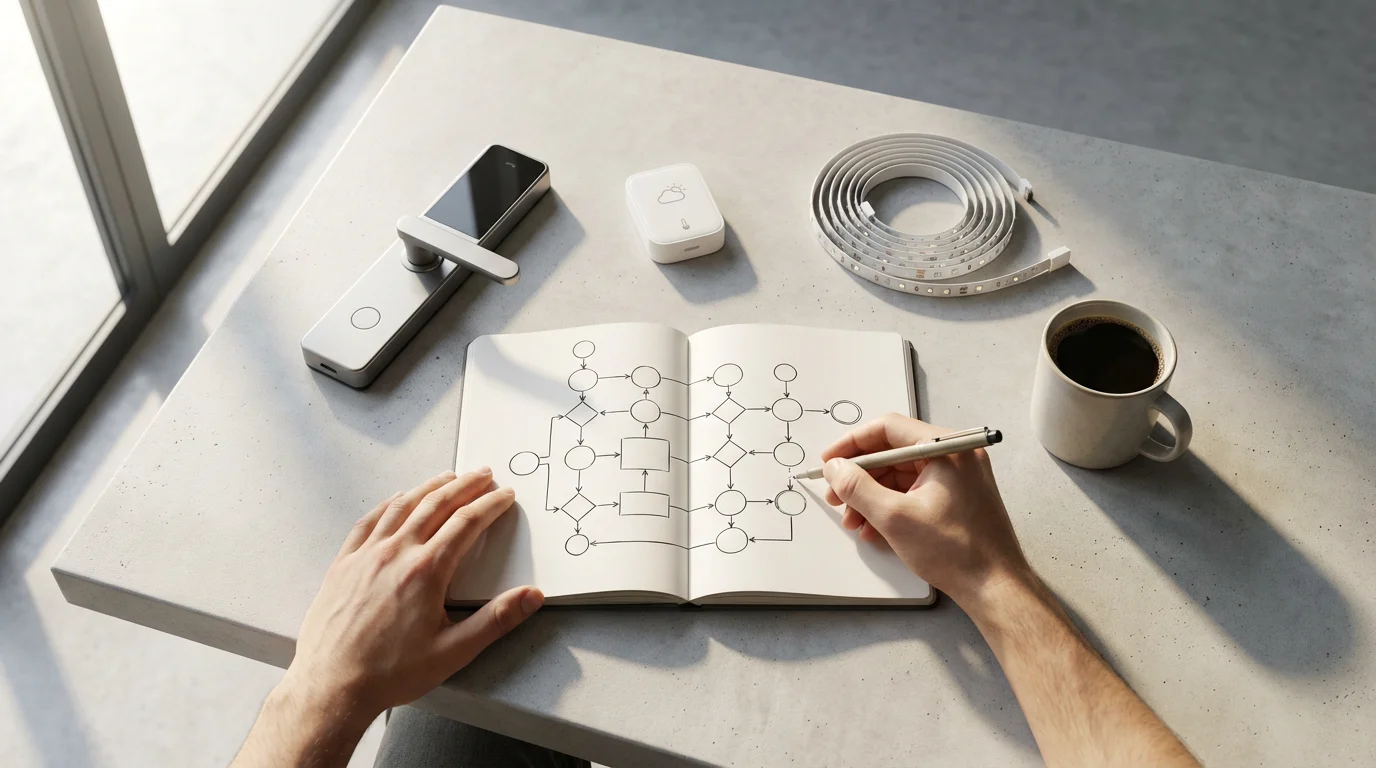 Flat lay of hands diagramming a complex smart home automation on a modern desk.