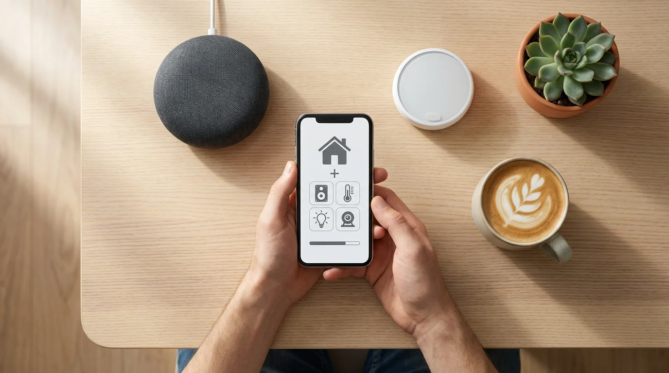 Flat lay of hands setting up various smart home devices using a smartphone app.