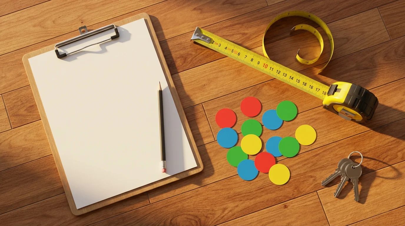 Flat lay of home assessment tools like a tape measure and clipboard on a floor.
