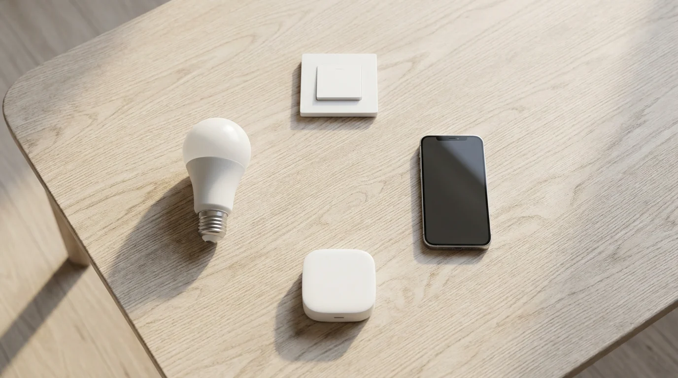 Flat lay of interconnected smart home devices including a bulb, switch, and hub.