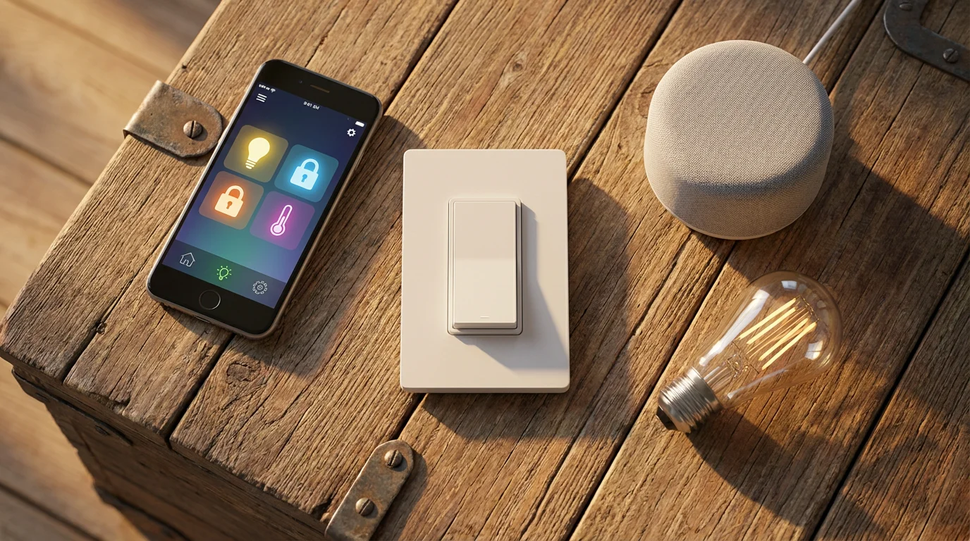 Flat lay of smart dimmer switch, smartphone, and smart speaker for home automation.