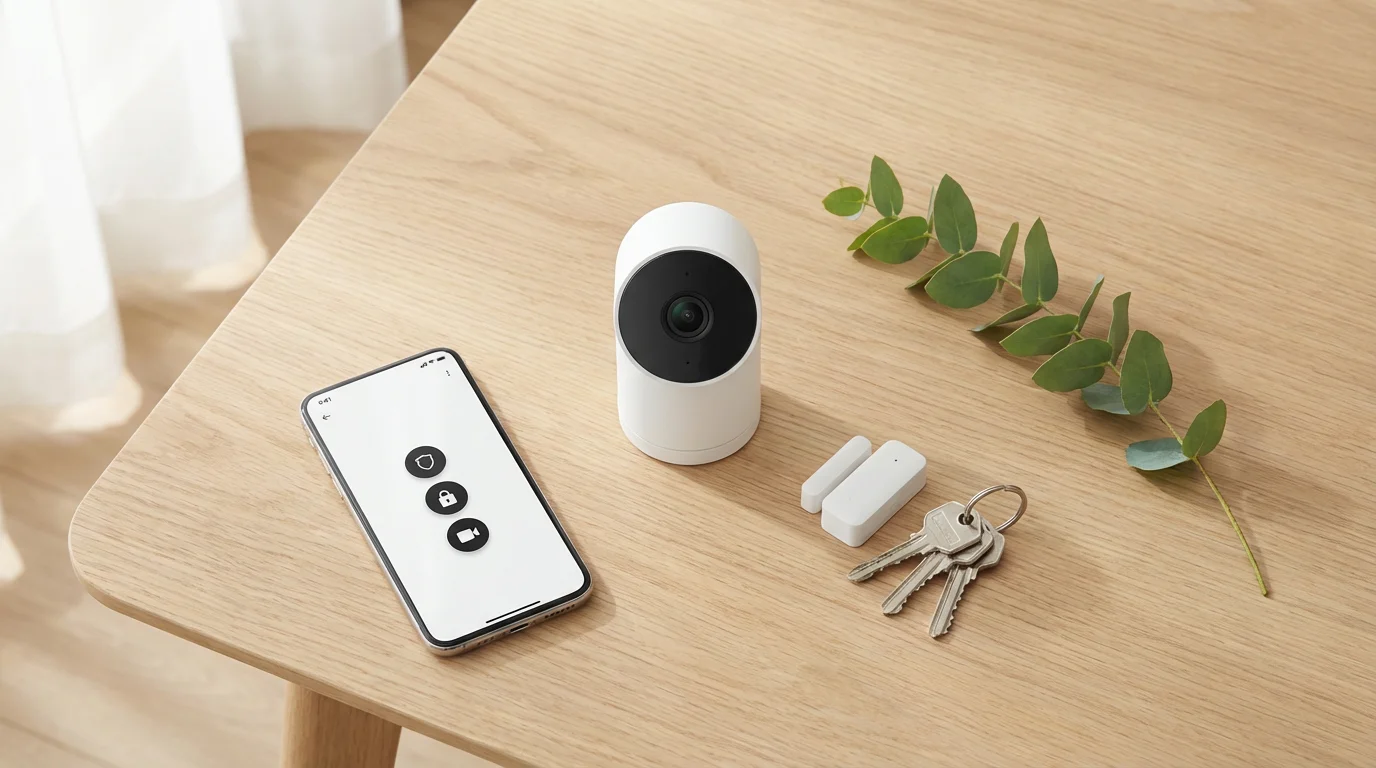 Flat lay of smart home security devices including a camera, sensor, and smartphone.