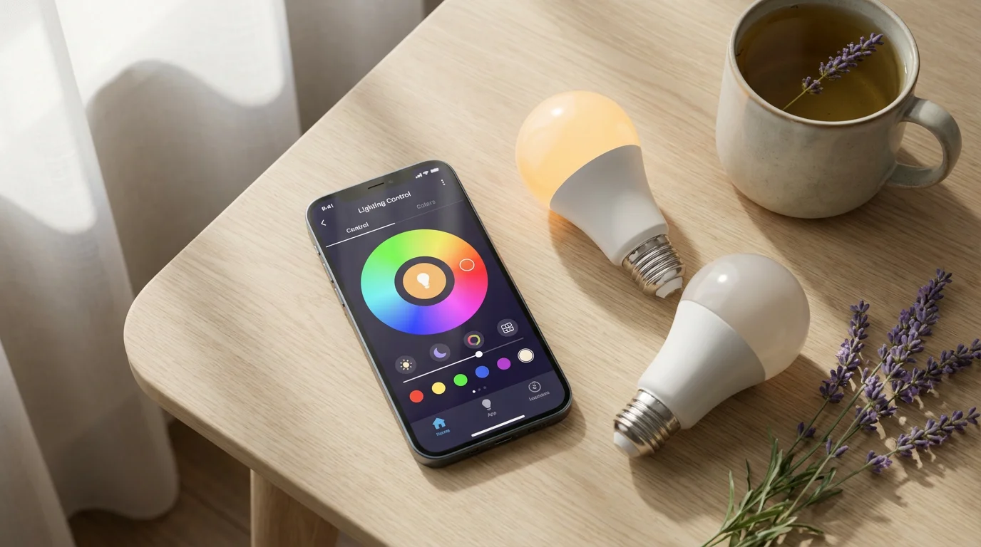 Flat lay of smart light bulbs and a phone app on a wooden surface.