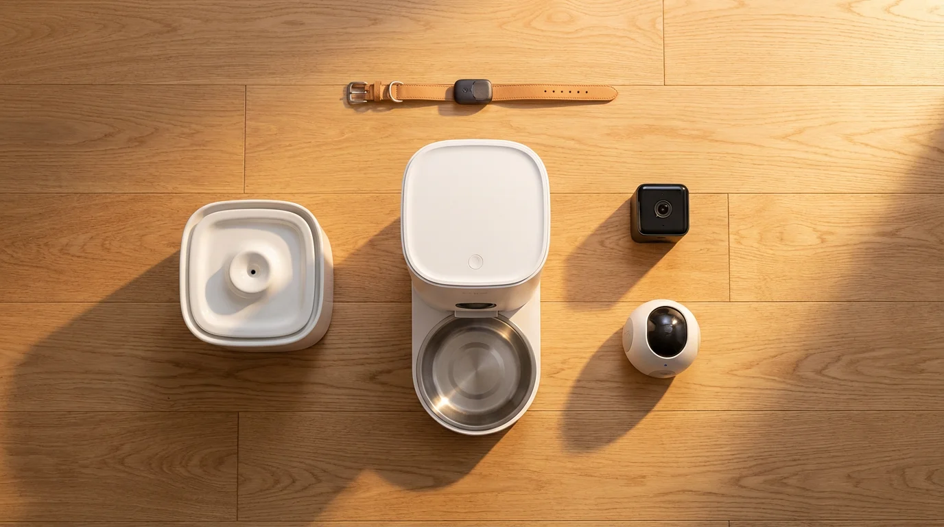 Flat lay of smart pet devices including a feeder, camera, and water fountain.
