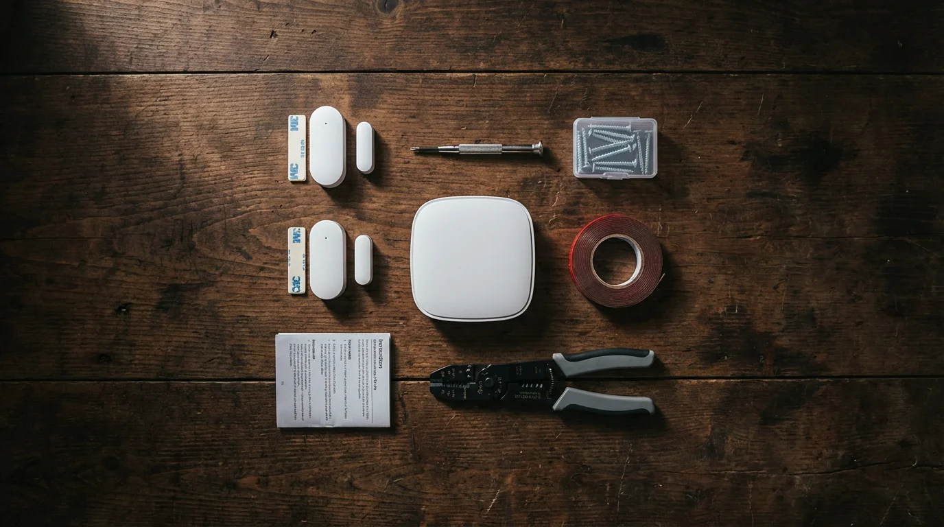 Flat lay of smart security system components and installation tools on a wooden workbench.