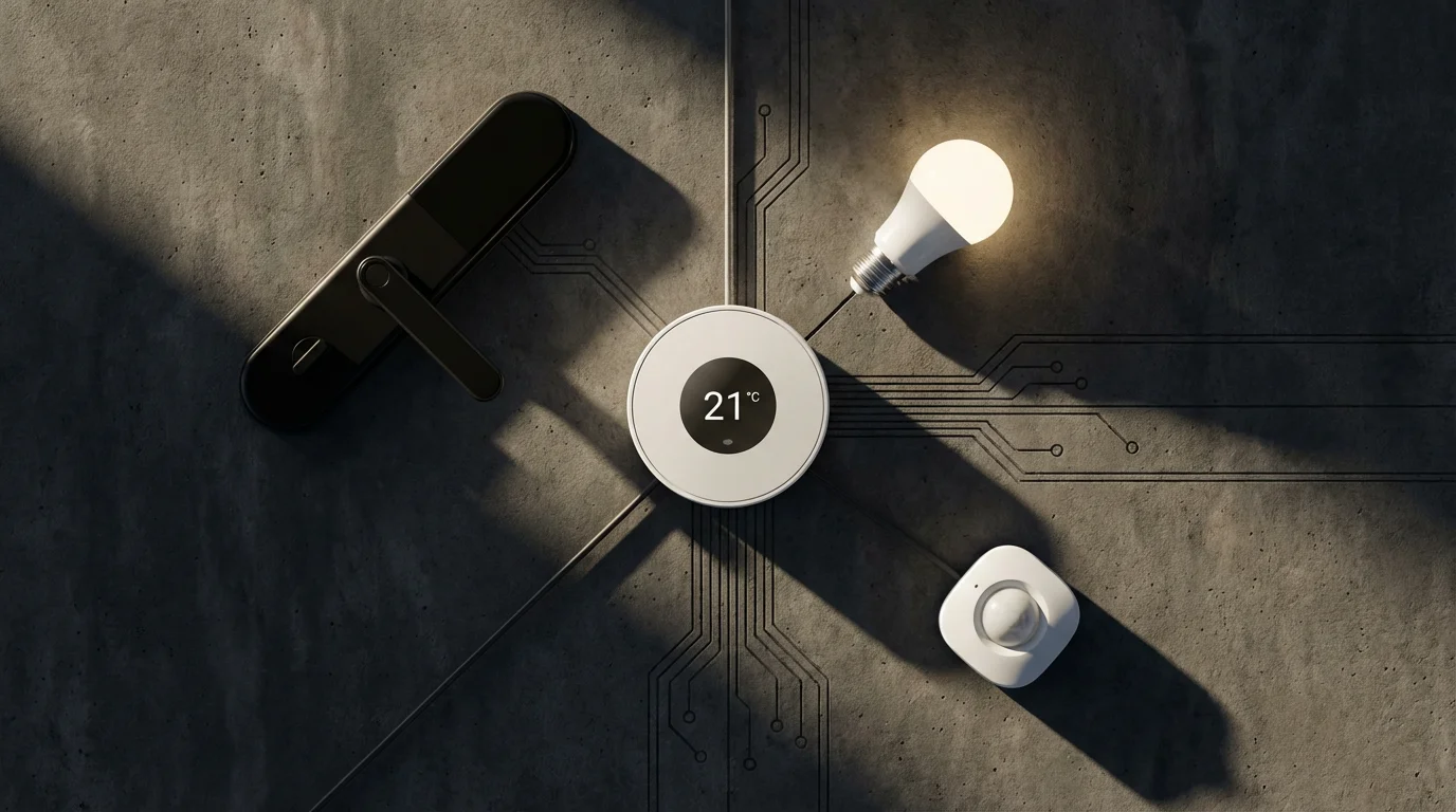 Flat lay of smart thermostat, smart lock, light bulb, and sensor on concrete.