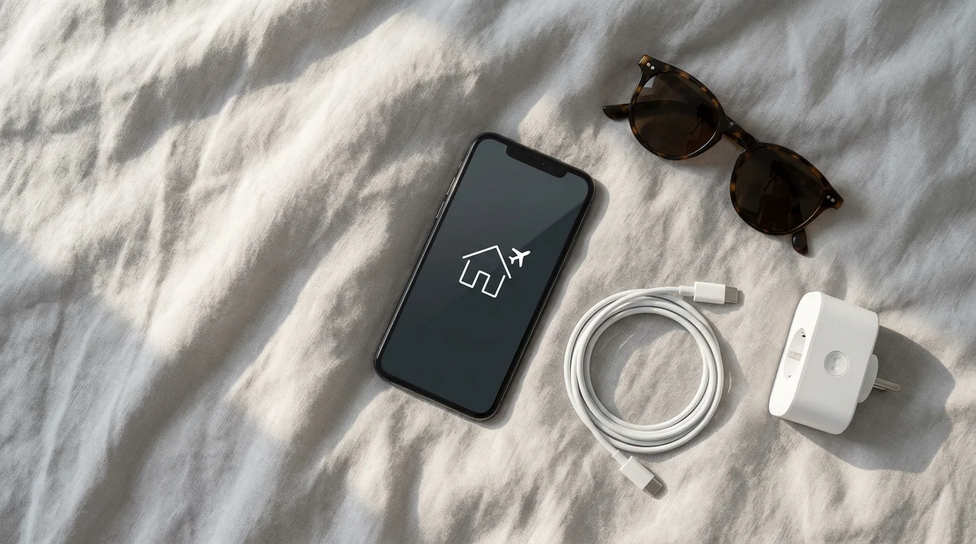 Flat lay of smartphone with smart home 'away mode' icon, sunglasses, and a smart plug.