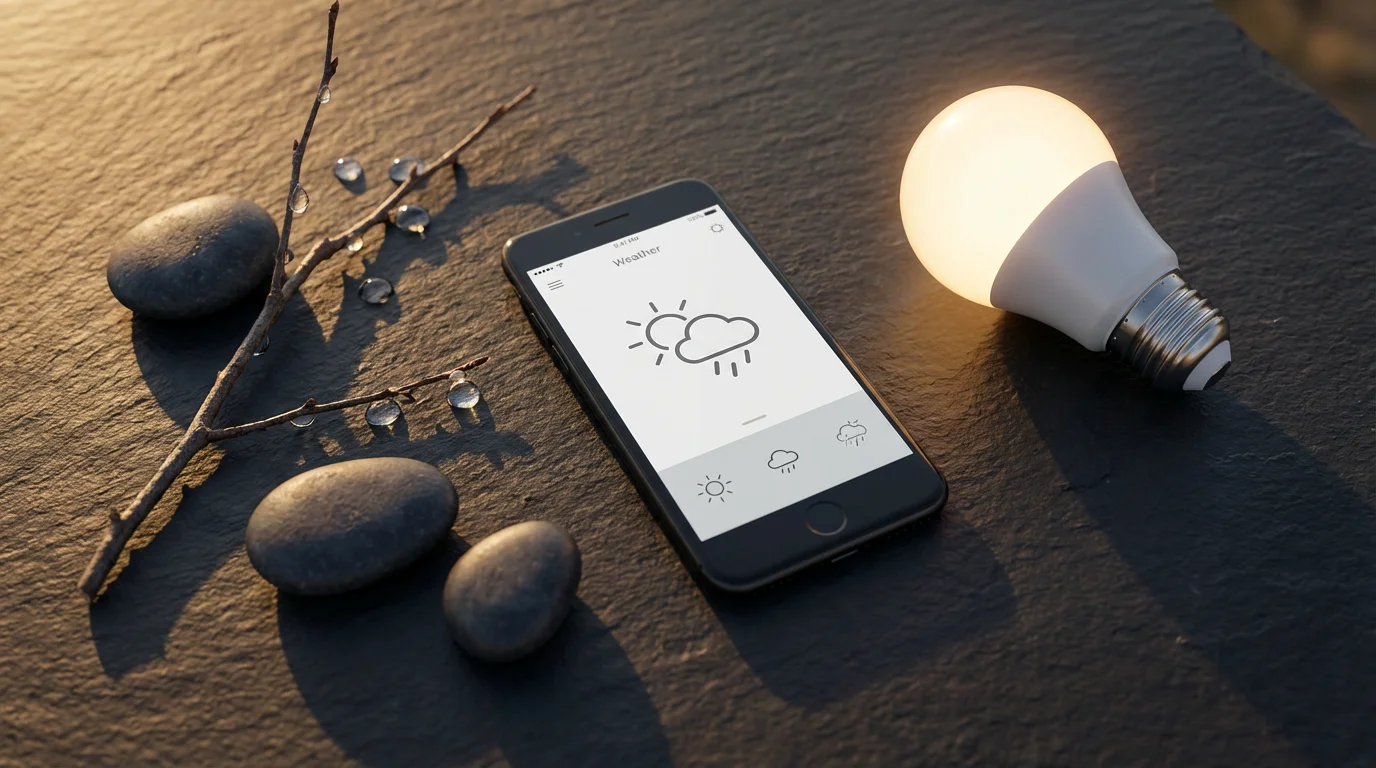 Flat lay of smartphone with weather icons next to a glowing smart light bulb.