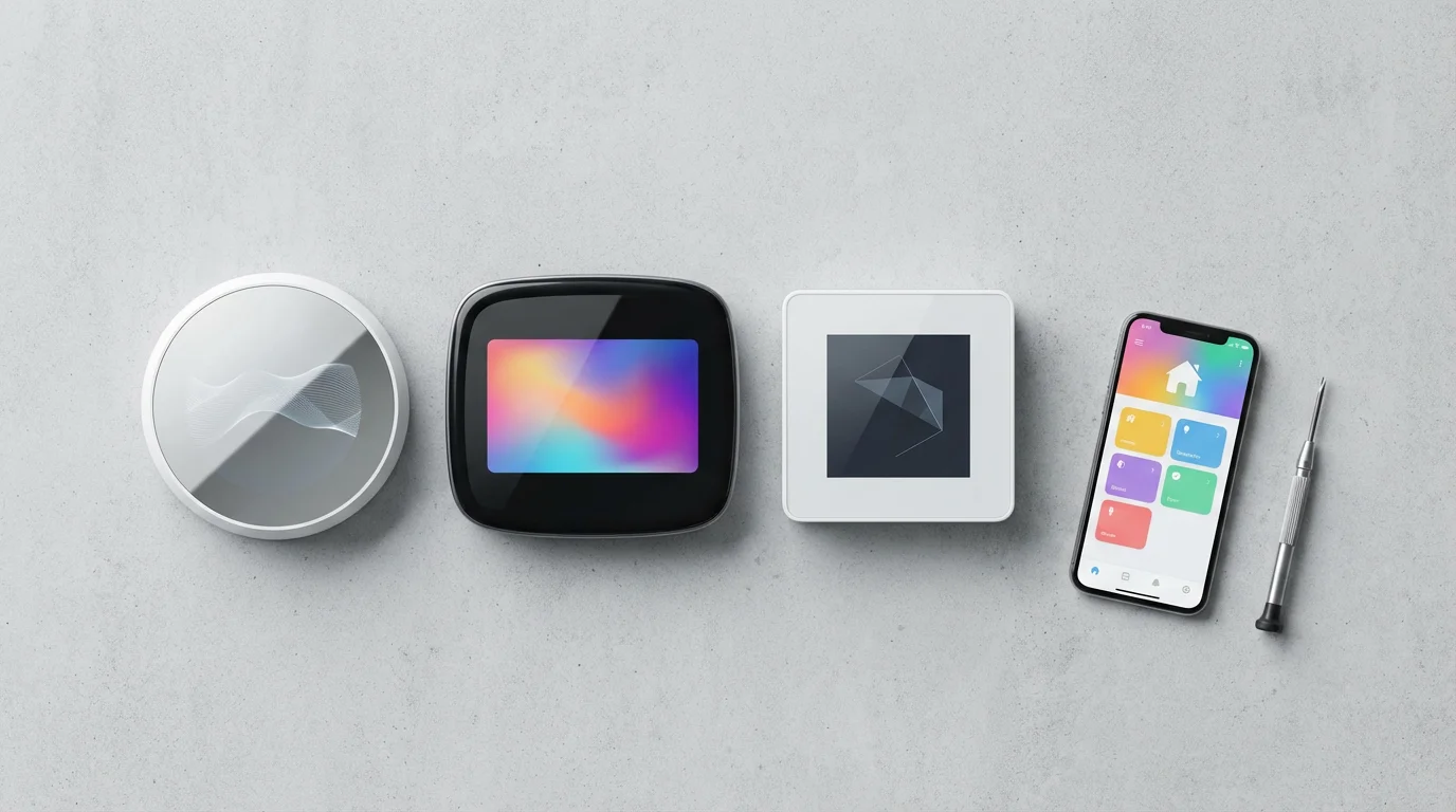 Flat lay of three different modern smart thermostats arranged on a gray concrete background.